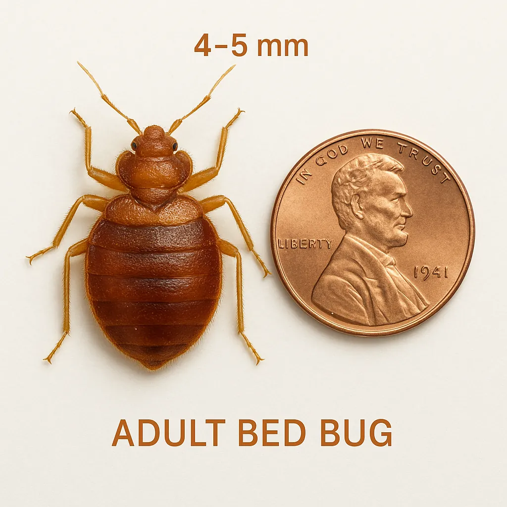 Adult bed bug next to a U.S. penny for size comparison, showing reddish-brown color, oval shape, and realistic scale on a white background.