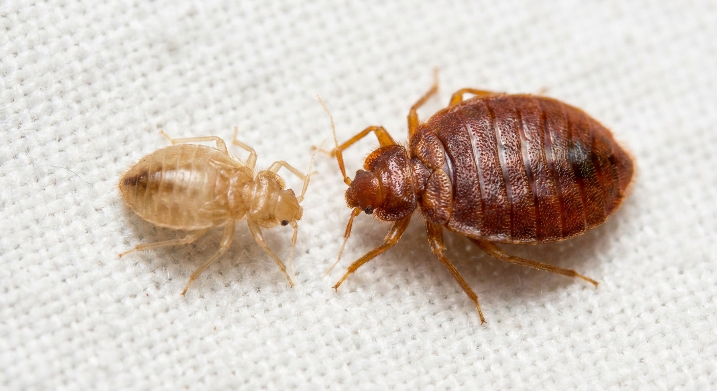 Size and color comparison between a tan nymph and a reddish-brown adult bed bug