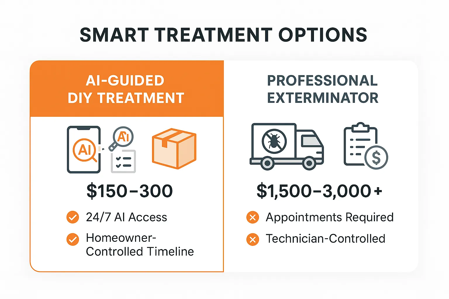 Side-by-side comparison of AI-guided DIY bed bug treatment and professional extermination — showing cost, speed, privacy, and effectiveness differences.