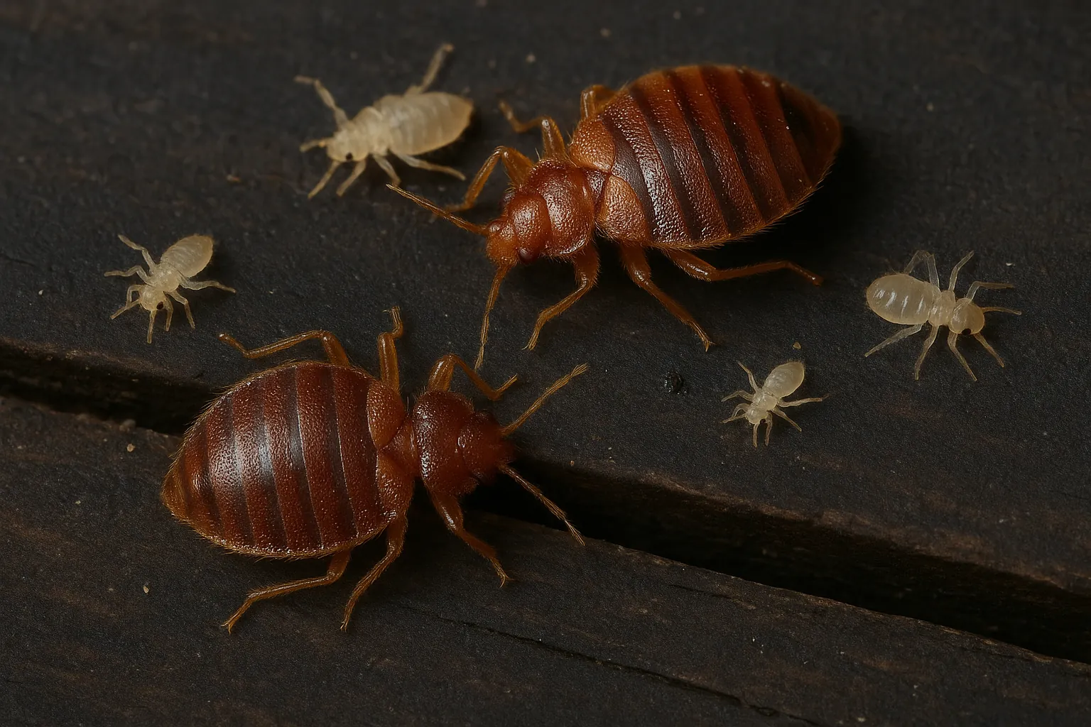 Macro photo of baby and adult bed bugs on a dark wood surface, clearly showing different life stages and translucent nymphs in contrast to reddish-brown adults.