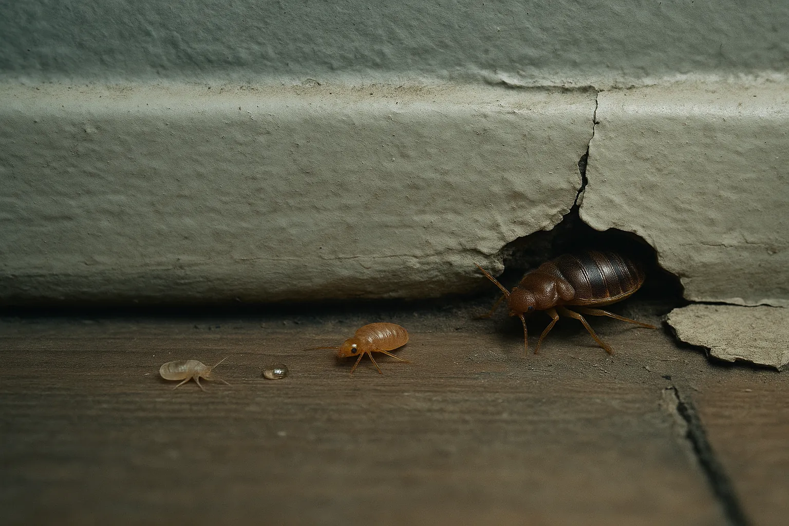 Realistic scene showing baby bed bugs in various survival states — a dead translucent nymph, a weakened mid-stage one, and a mature nymph hiding in a baseboard crack