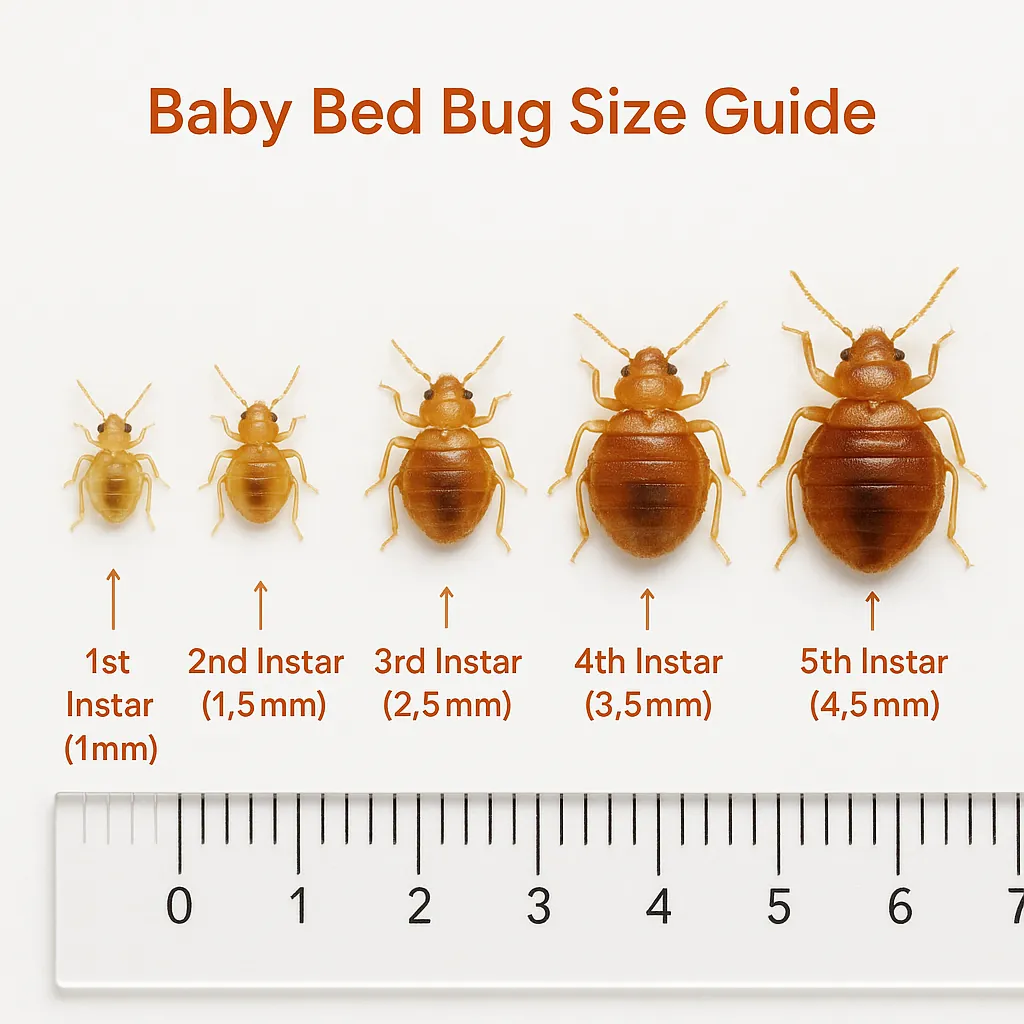 Side-by-side image of five baby bed bug nymph stages with mm scale — shows size progression from 1st to 5th instar for accurate identification.