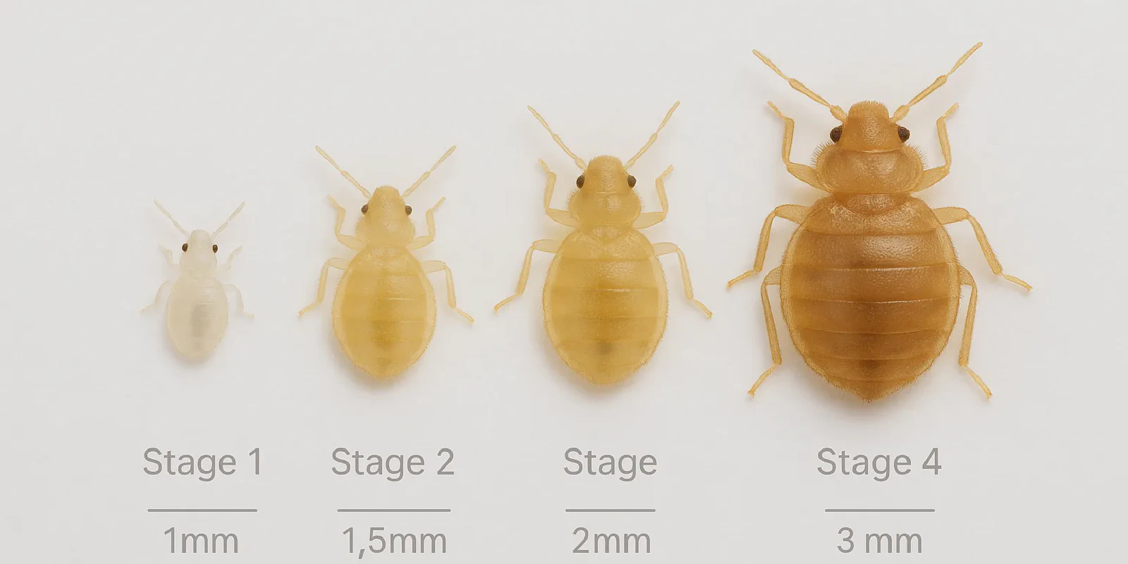 Size comparison chart showing baby bed bug nymph stages from 1mm to 4.5mm next to common objects for scale reference