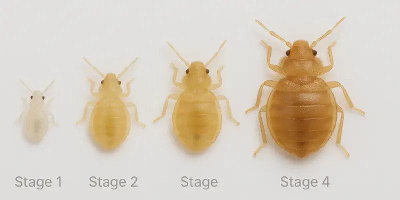 Size comparison chart showing baby bed bug nymph stages from 1mm to 4.5mm next to common objects for scale reference