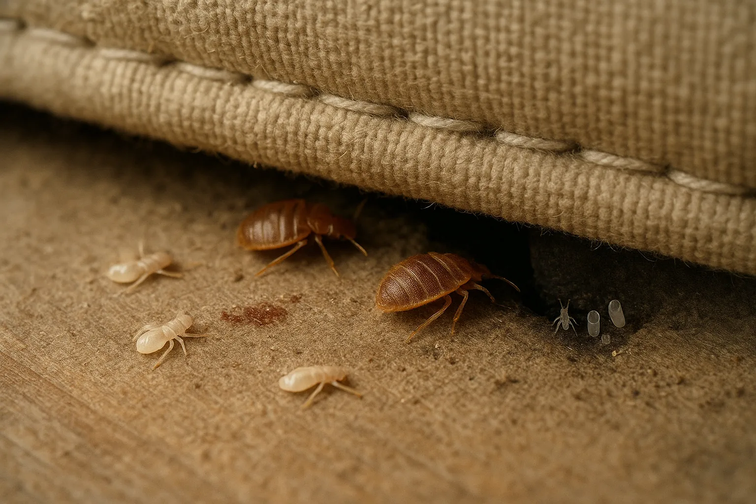 Realistic bed bug infestation scene showing dead early-stage nymphs, surviving older nymphs, and newly hatched bugs near eggshells after treatment collapse
