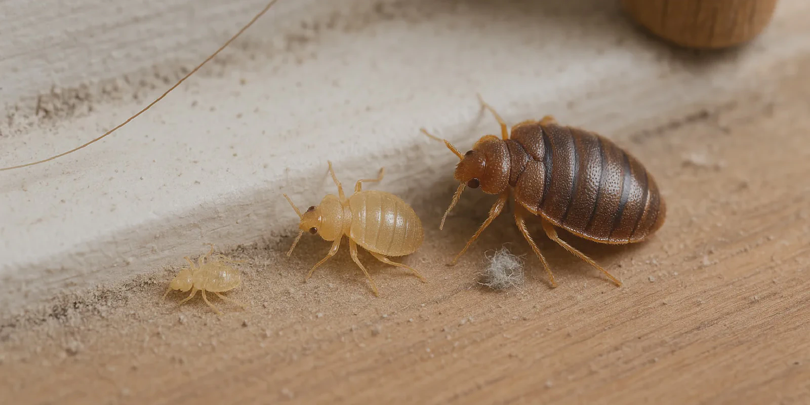 Realistic close-up showing three baby bed bugs at different life stages on a dusty baseboard — one dead, one weak, and one alive — illustrating survival variation without feeding