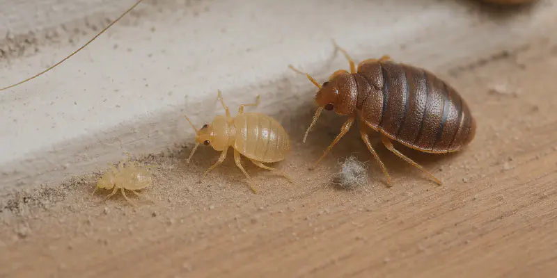 Realistic close-up showing three baby bed bugs at different life stages on a dusty baseboard — one dead, one weak, and one alive — illustrating survival variation without feeding