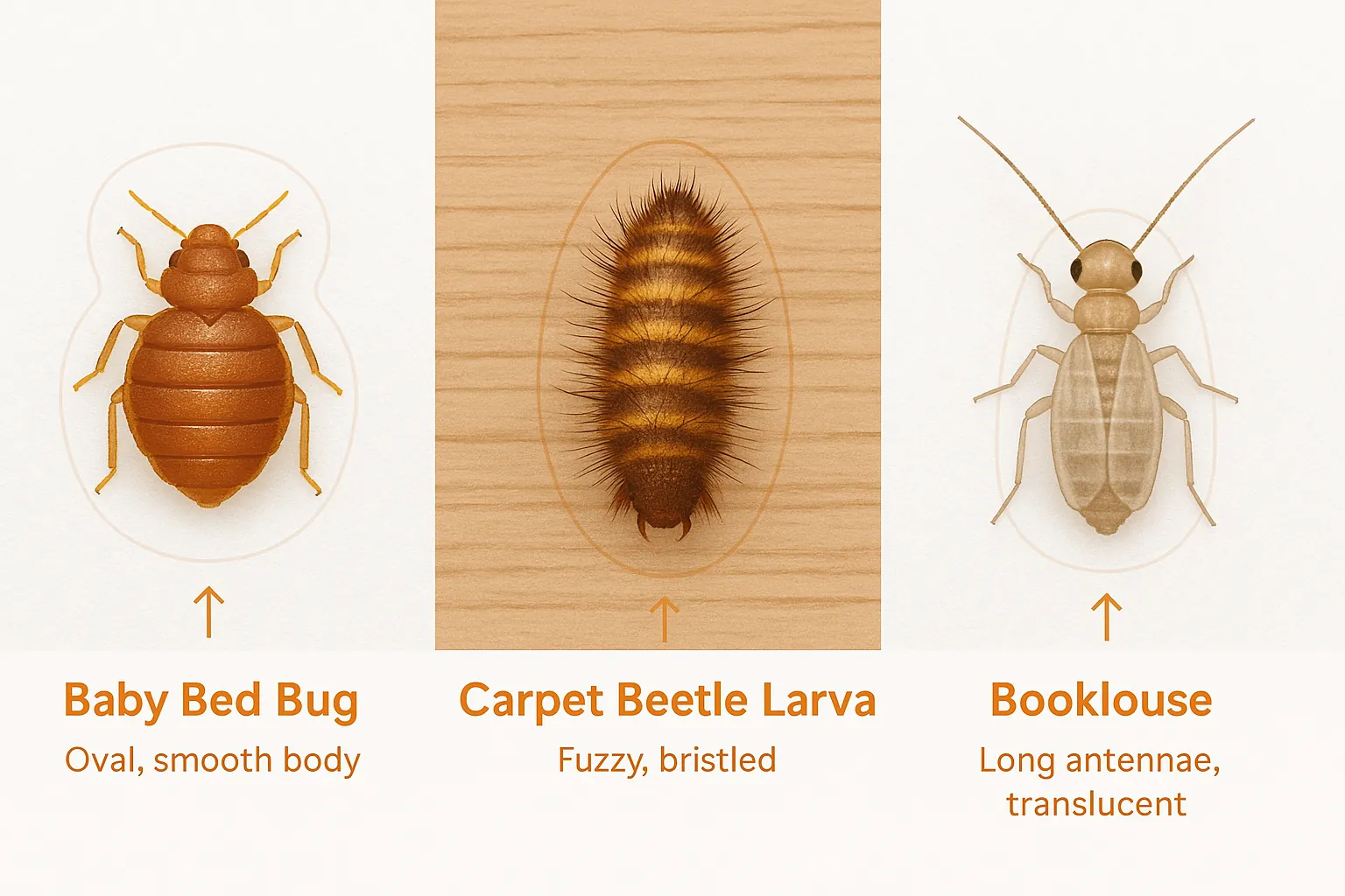 Side-by-side comparison of baby bed bug nymph, carpet beetle larva, and booklouse — highlighting color and shape differences to help identify similar-looking household bugs.