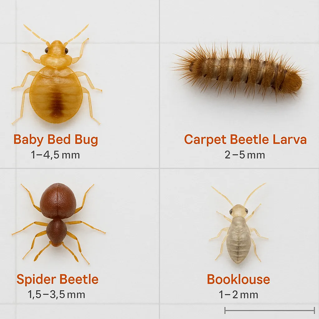Side-by-side image comparing baby bed bug to carpet beetle larva, spider beetle, and booklouse — all shown at actual scale for accurate visual identification.