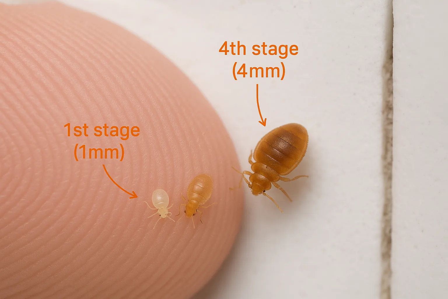 Realistic photo of baby bed bugs showing translucent and light brown color, small size, and apple seed-shaped body for accurate identification.