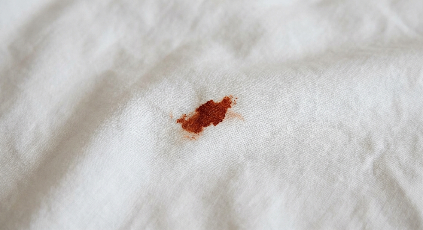 Fresh rusty-red blood smear on a white bed sheet from a crushed bed bug