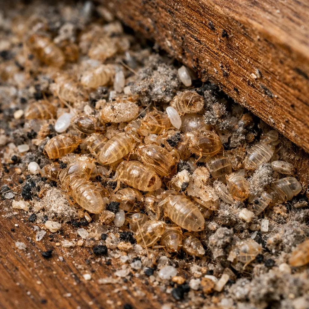 Dense cluster of bed bug casings behind furniture, with multiple hollow shells of different sizes indicating repeated molting and established activity.