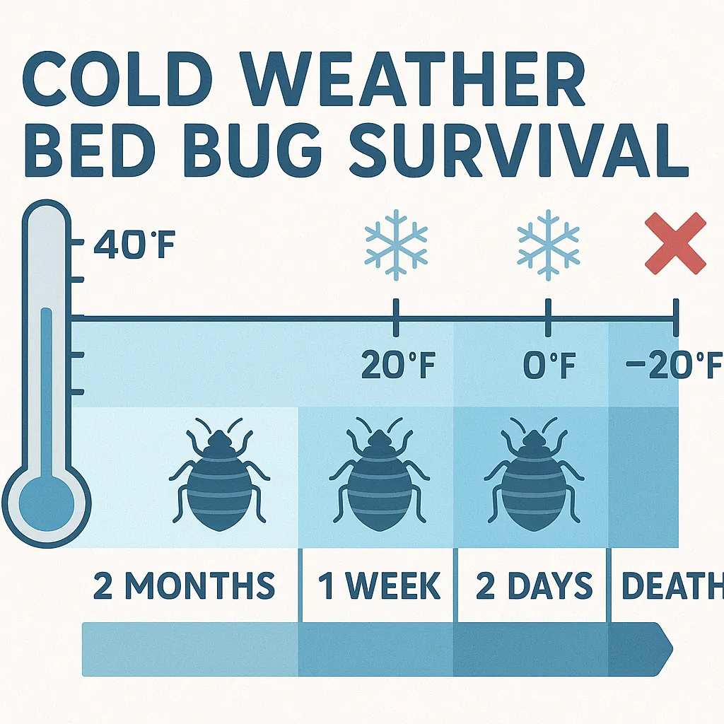 Infographic showing how long bed bugs survive at cold temperatures, including mild cold (4–12 months), severe cold (2–8 weeks), and extreme cold below 0°F causing death within 7 days.