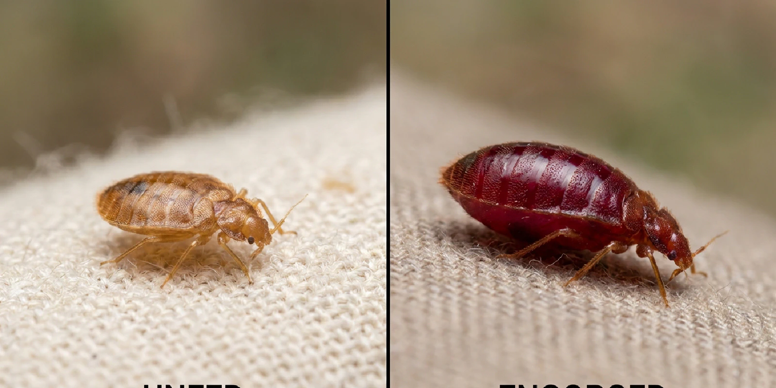 Side-by-side comparison of unfed flat brown bed bug and engorged red bed bug after feeding