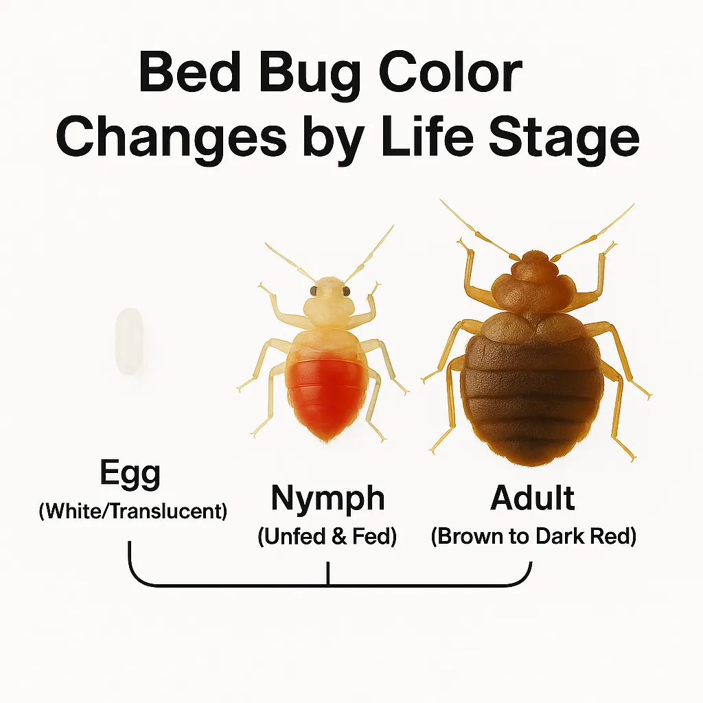 Bed bug life stages and their typical colors — from pearly white egg to translucent nymph to reddish-brown adult