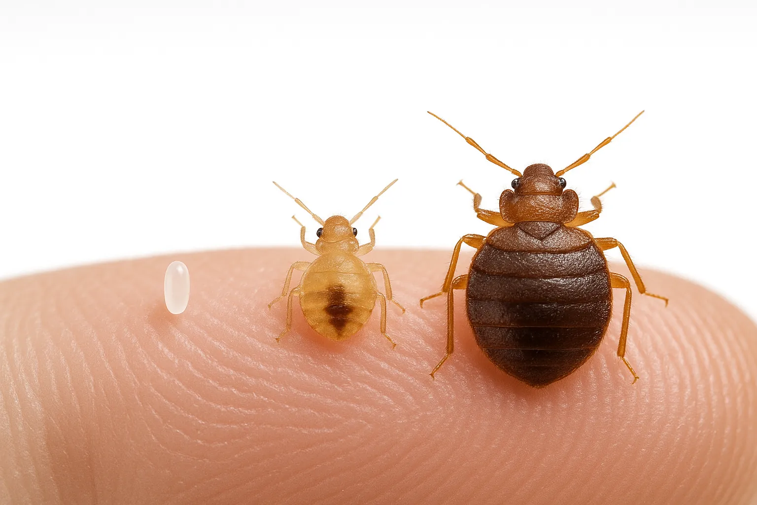 A realistic image showing the three main bed bug stages—egg, nymph, and adult—arranged side by side to highlight differences in size and color throughout development.