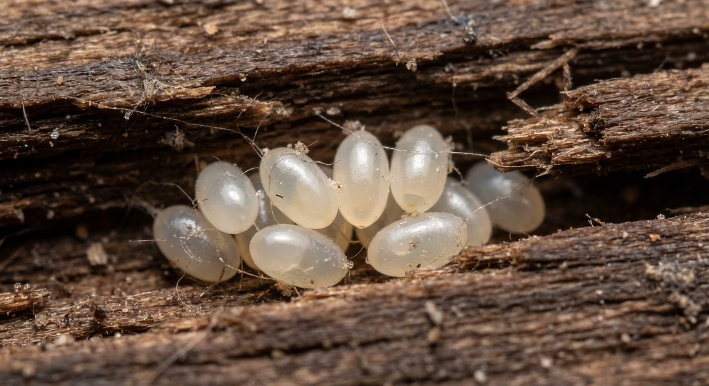 Cluster of pearly white bed bug eggs hidden in a dark wood crevice