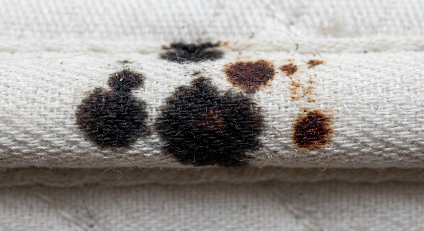 Dark black and brown fecal spots from bed bugs on a mattress seam