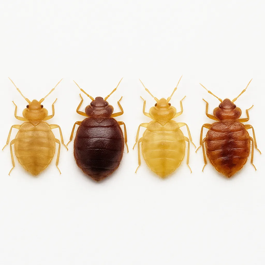 Side-by-side comparison of four bed bugs in different feeding states: unfed, recently fed, molting stage, and crushed — showing color and body shape differences on a white background.