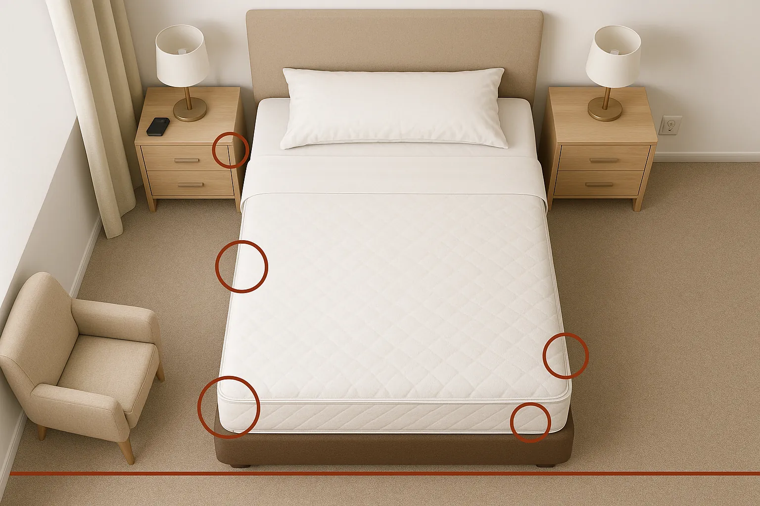 Top-down view of a bedroom showing common bed bug hiding spots like mattress seams, box springs, headboards, nightstands, and carpet edges.
