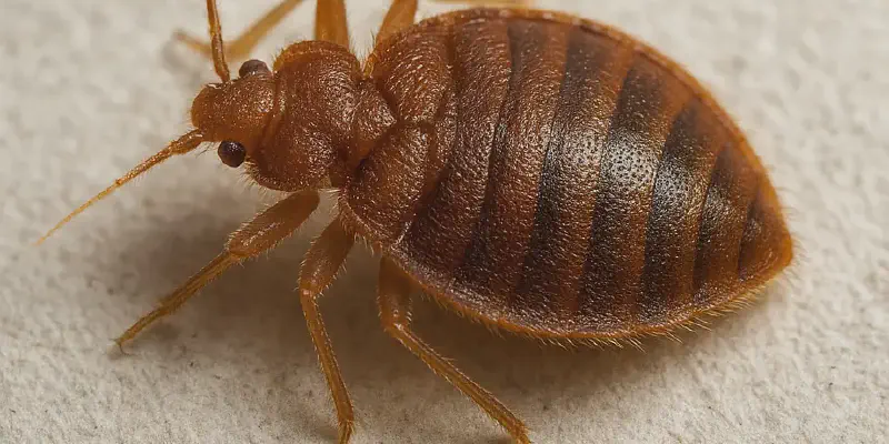Close-up comparison photos showing bed bugs at different life stages on white bedding