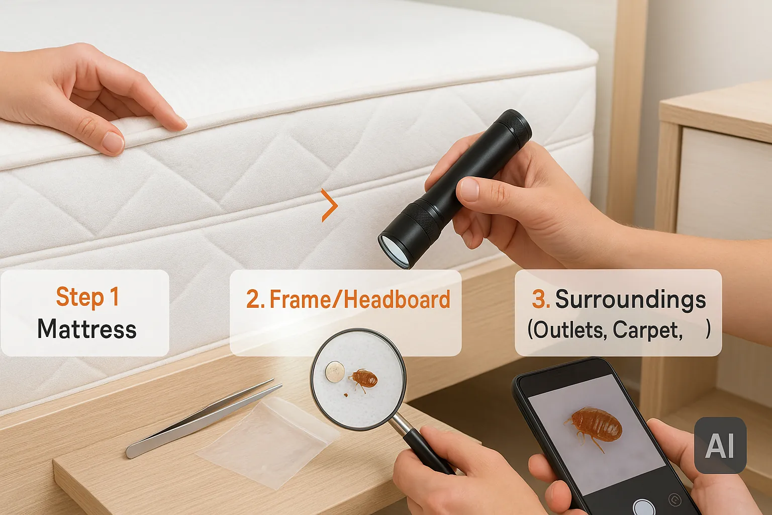 Visual checklist for bed bug inspection showing mattress check, frame crevice search, and macro photo documentation — includes flashlight, tweezers, and phone.
