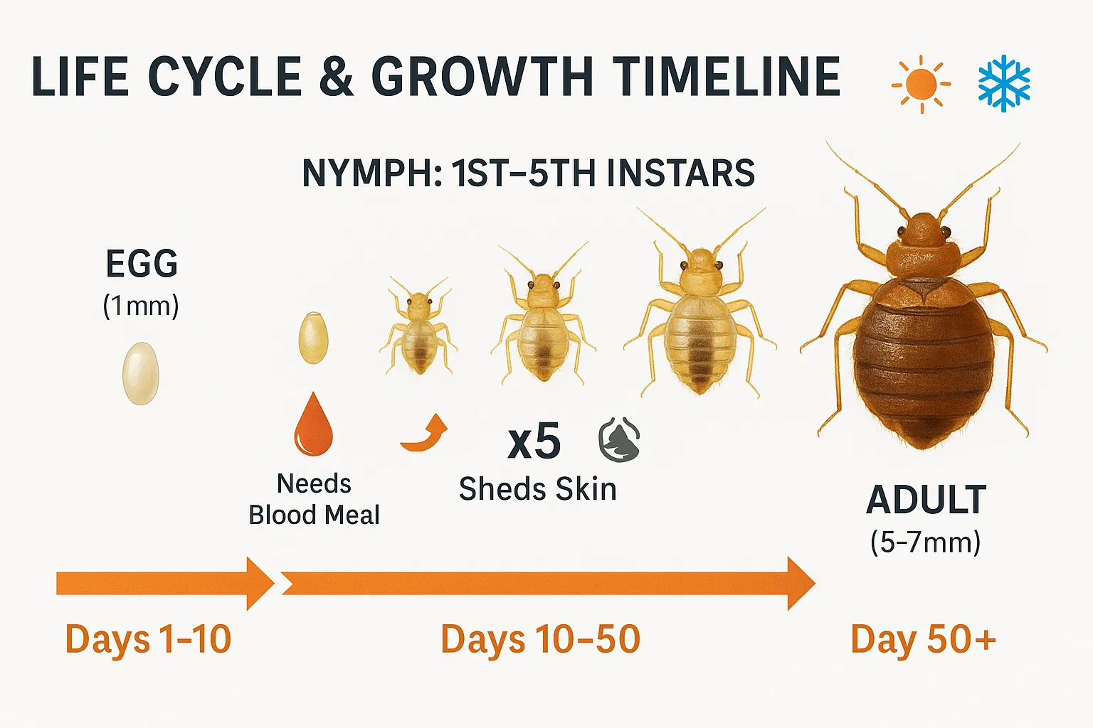 Infographic showing bed bug life cycle timeline from egg to adult — with labeled growth stages, days, and reproduction milestones.