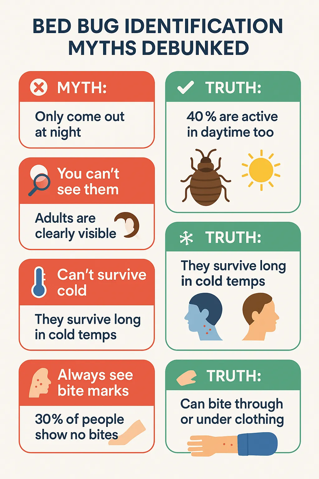 Flat-style vector infographic showing six common bed bug myths and accurate truths side-by-side, including visibility, biting behavior, cleanliness, cold survival, and activity timing.
