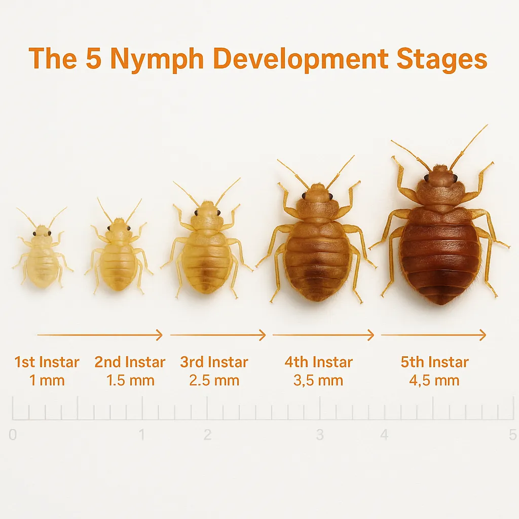 Visual timeline of five baby bed bug nymph development stages — shows size and color changes from 1st to 5th instar for accurate identification.