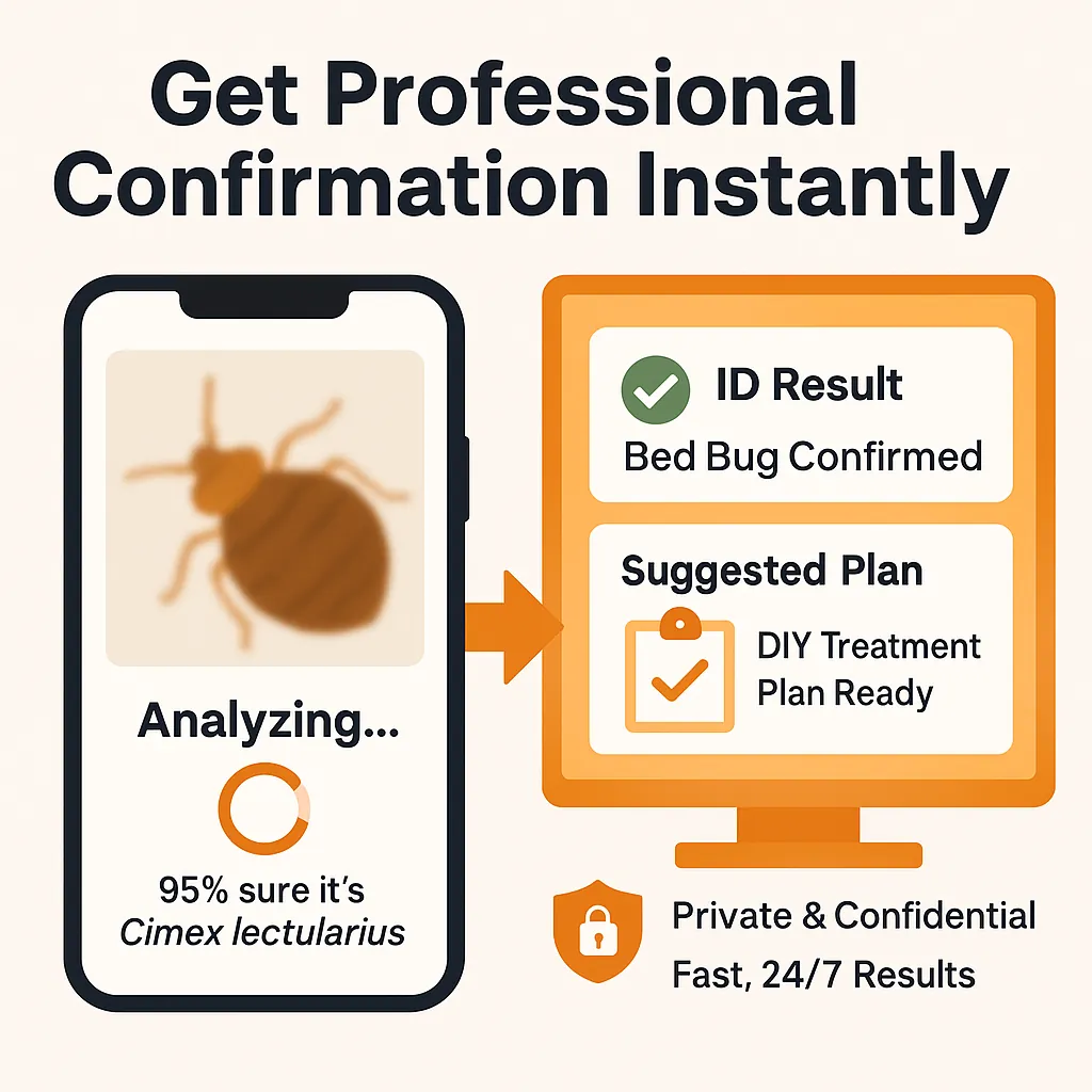 Flat vector infographic showing smartphone photo of a bed bug being analyzed by an AI system with instant results and a personalized treatment plan.