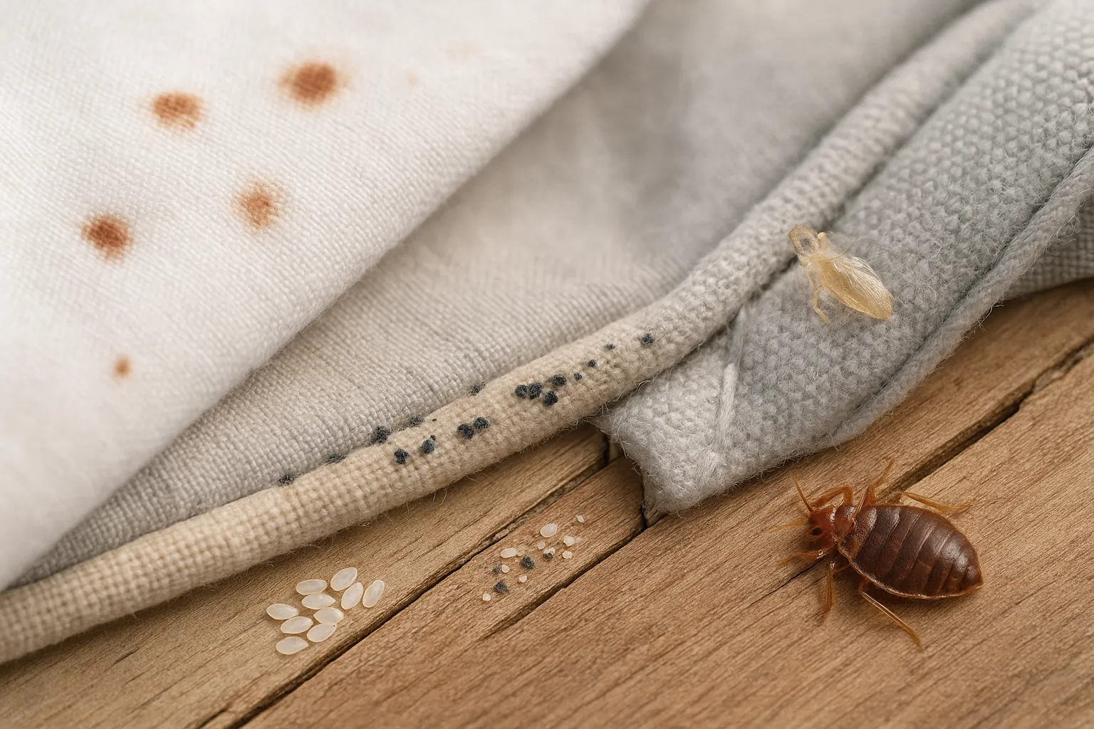 Photorealistic composition showing key bed bug evidence types including blood stains, fecal spots, shed skins, eggs, and a live bug on mattress fabric and furniture seams.