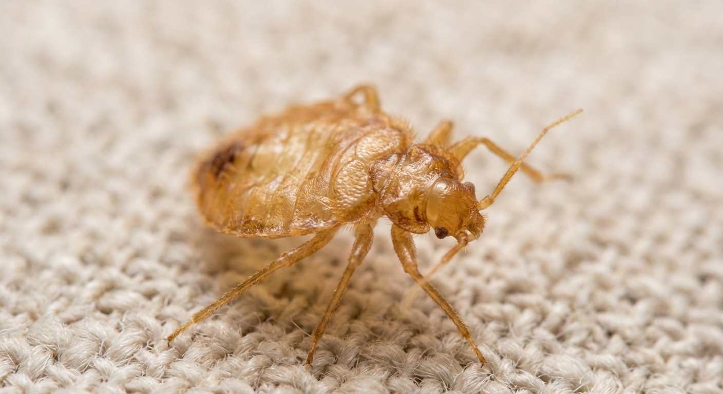 A translucent, amber-white molted bed bug skin on a mattress