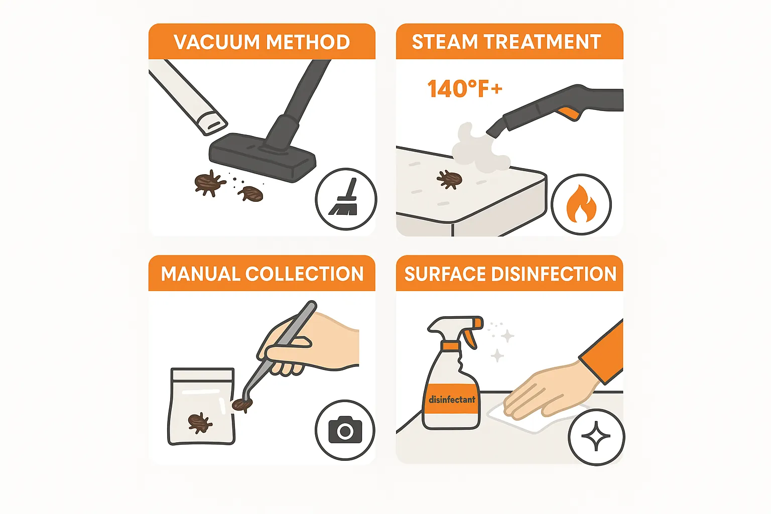 Step-by-step infographic showing safe cleaning methods for bed bug shells, including vacuuming, steam treatment, manual removal, and hard surface disinfection.