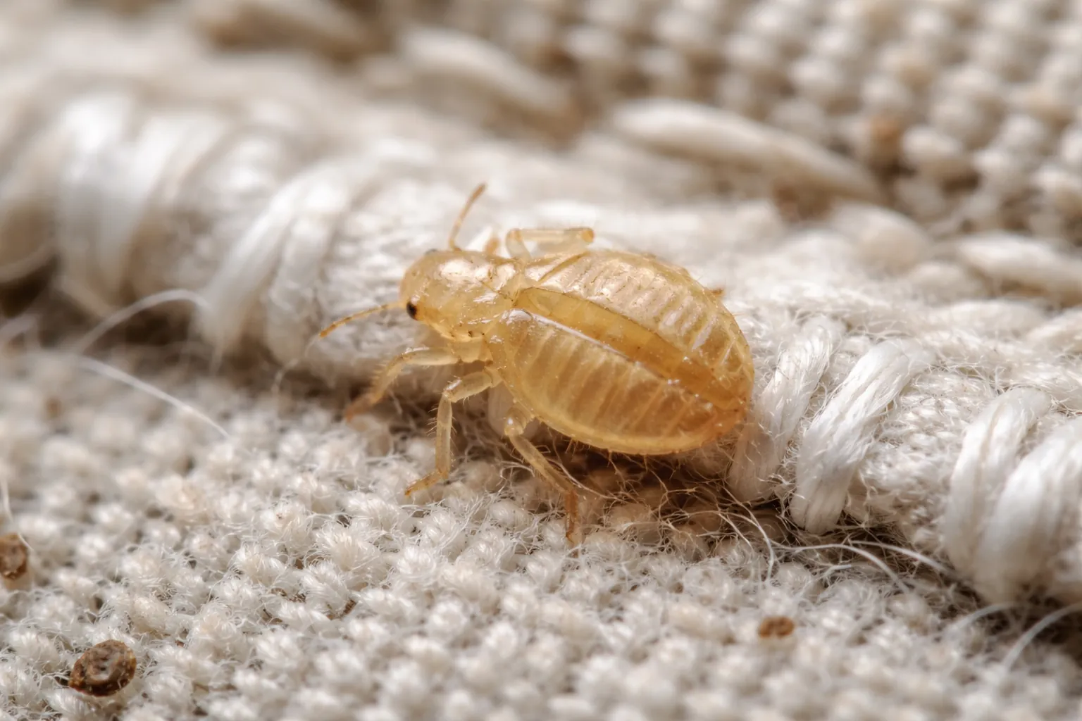 bed bug nymph shell with segmented abdomen and a split along the back