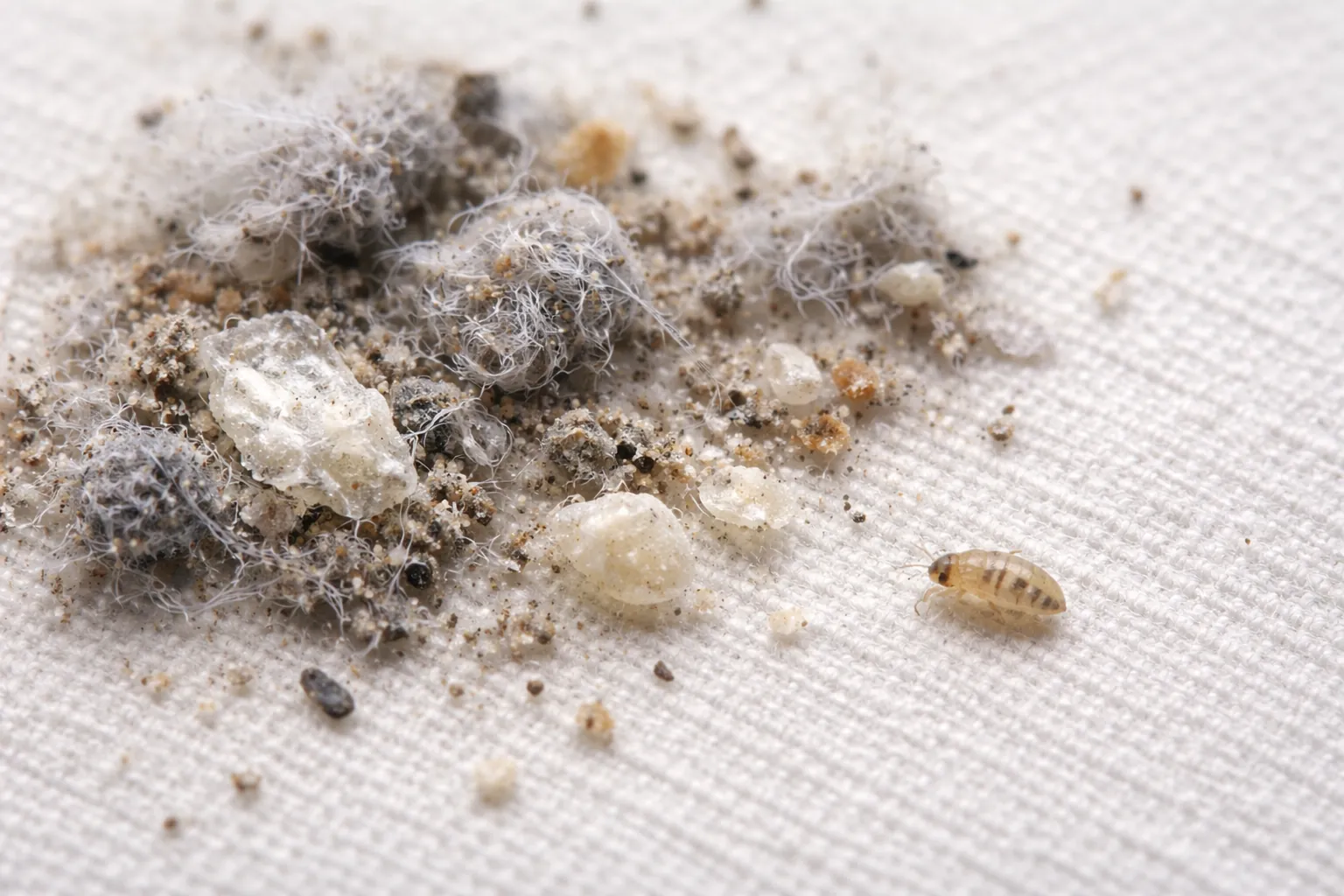 lint, dust, and skin flakes that lack the shape of a bed bug shell