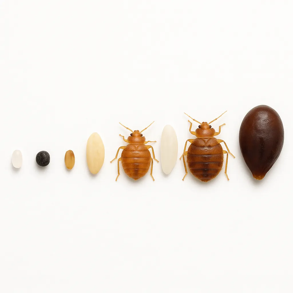 Realistic side-by-side comparison of bed bug life stages from egg to engorged adult, each placed next to familiar items like salt grain, poppy seed, sesame seed, rice grain, apple seed, and small grape for scale.