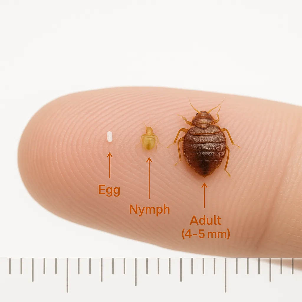 Bed bug egg, translucent nymph, and adult shown on a human fingertip for real-life size comparison