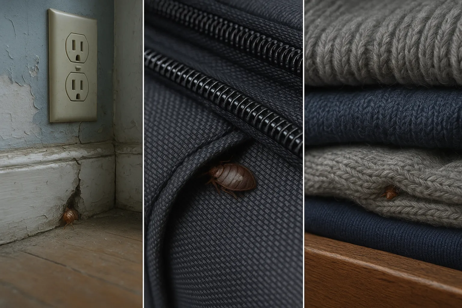 Realistic images showing where bed bugs hide and survive in empty homes, luggage seams, and folded clothing