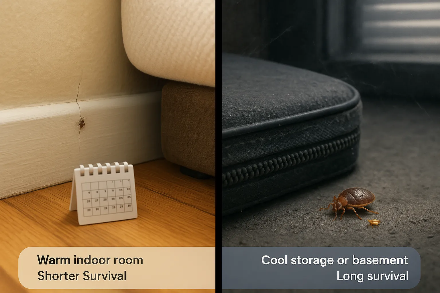 Visual comparison of bed bug survival in warm room vs. cool storage space, showing how temperature and feeding impact lifespan without a host