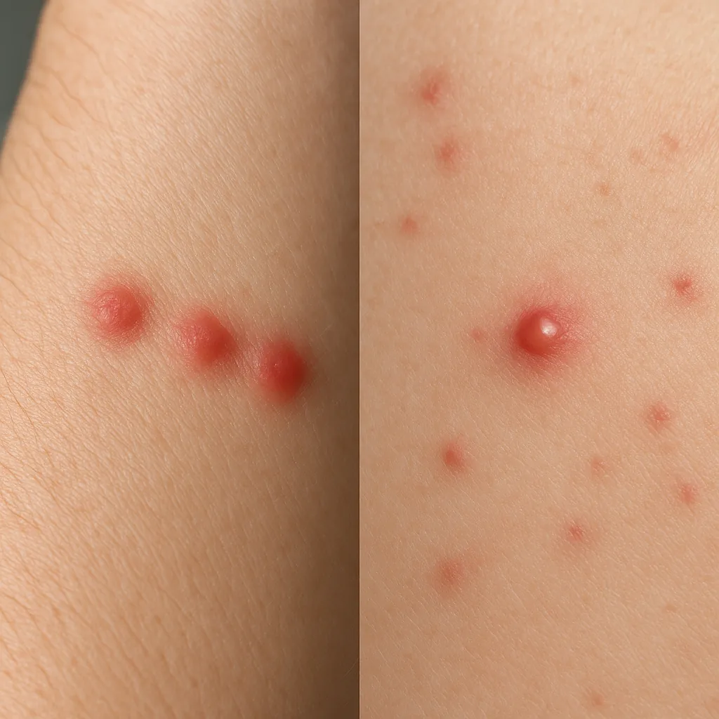 Macro photo comparing bed bug bite line patterns on arm with random scattered ant bite marks, showing clear difference in distribution.