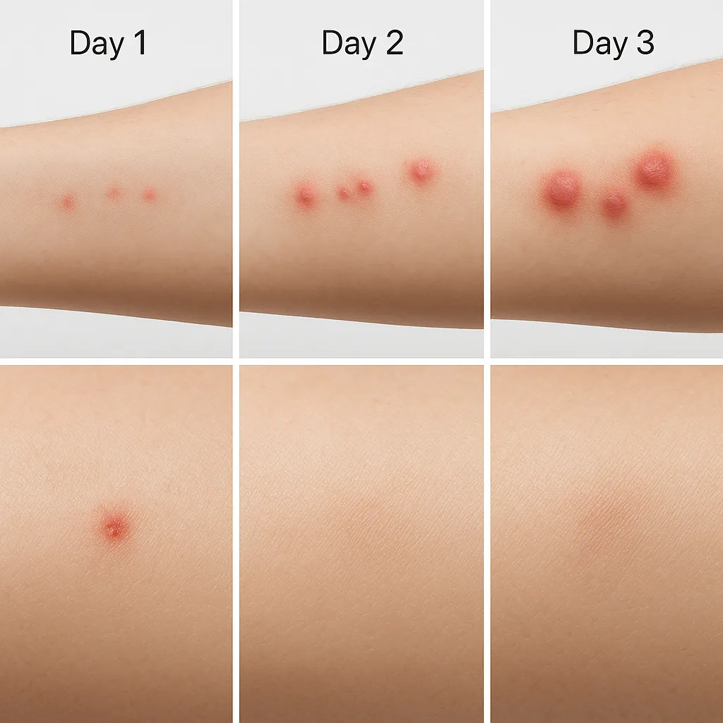 Comparison of bite development over time: bed bug bites appearing after sleep and worsening over several days vs ant bites showing immediate sting and fading quickly.