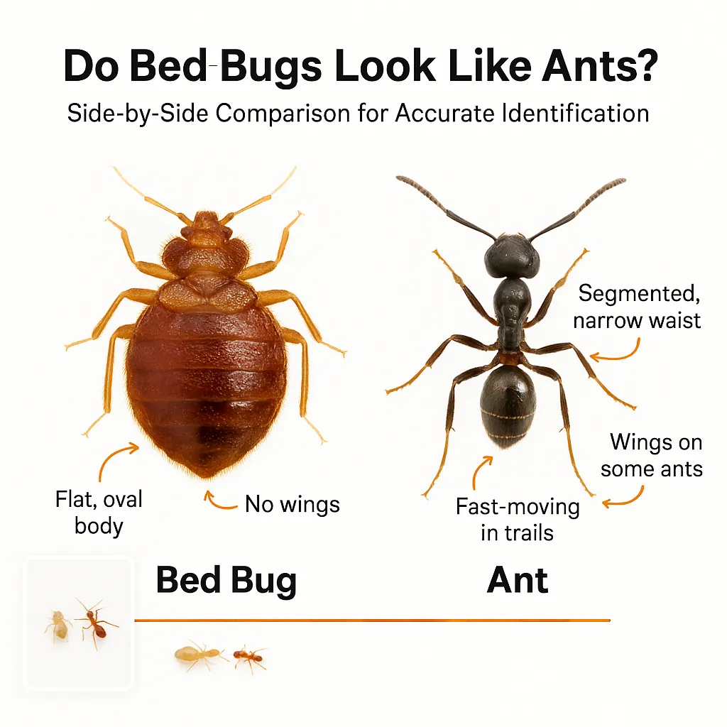 Side-by-side photo showing the difference between an adult bed bug and a household ant — includes body shape, size, and color labels for easy comparison.