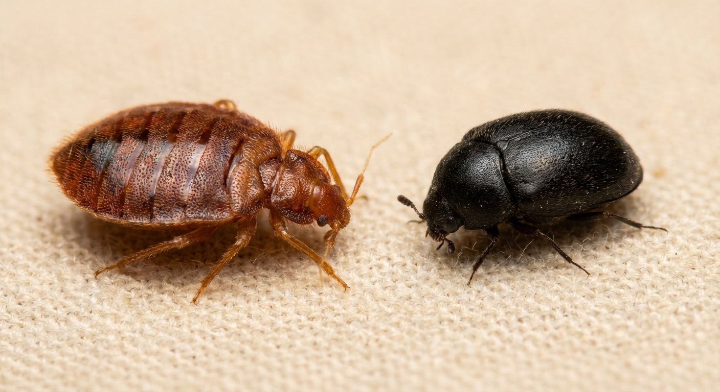 Side-by-side comparison of brown bed bug and black carpet beetle