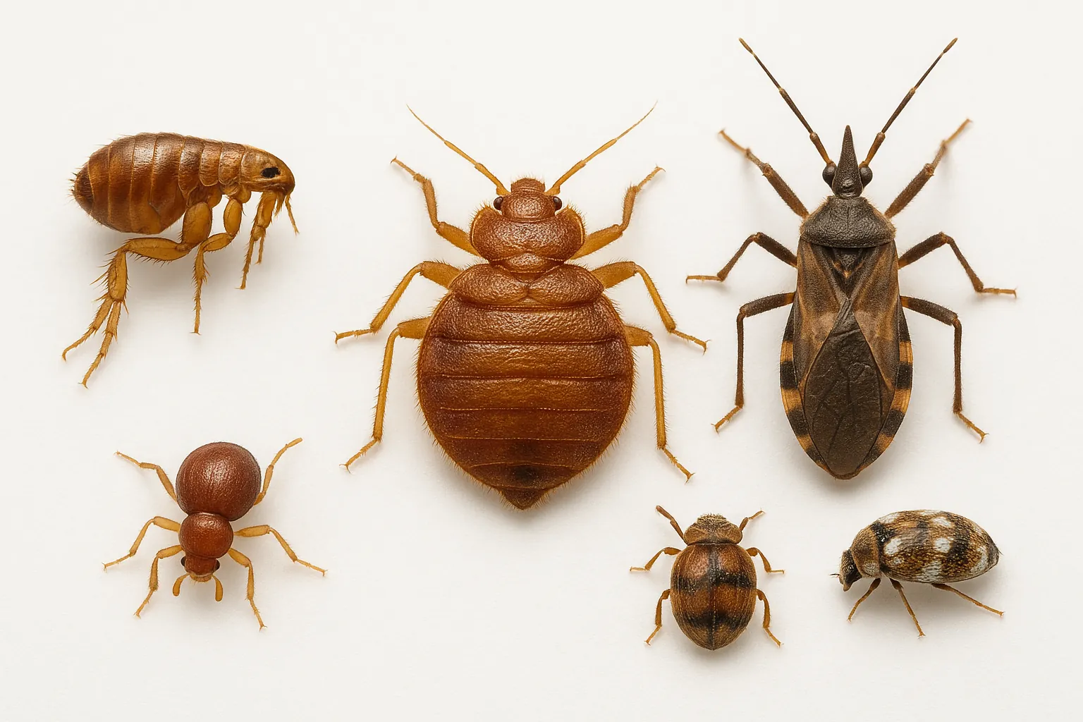Macro-style lineup of insects commonly mistaken for bed bugs, including a bed bug, flea, tick, kissing bug, spider beetle, and carpet beetle—all displayed to scale on a white background.