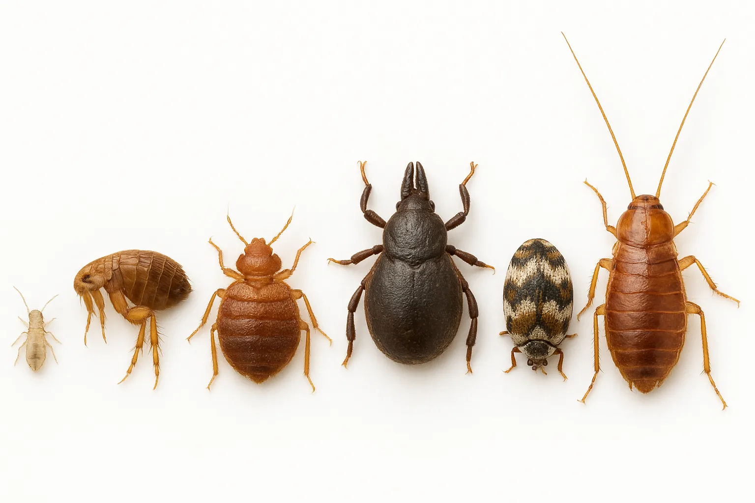 A realistic comparison of a bed bug’s size placed among eight common household insects, including spider mites, fleas, ticks, carpet beetles, and cockroach nymphs, arranged from smallest to largest.
