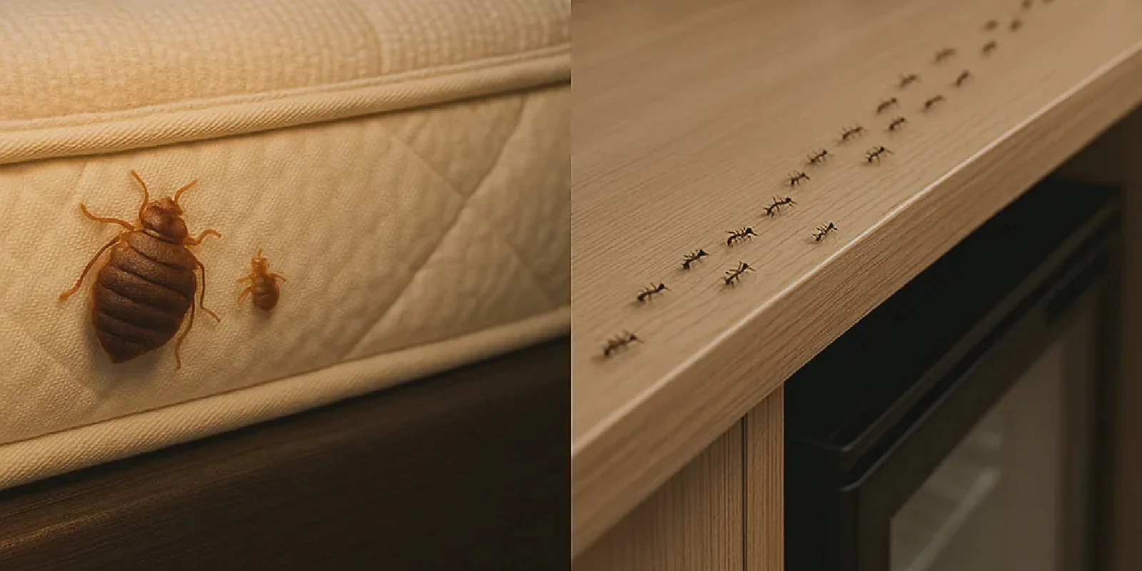 Split image showing bed bugs and ants commonly found in hotel environments, highlighting identification challenges for travelers