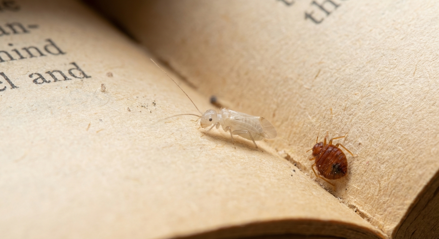 Small white book louse often confused with a bed bug nymph