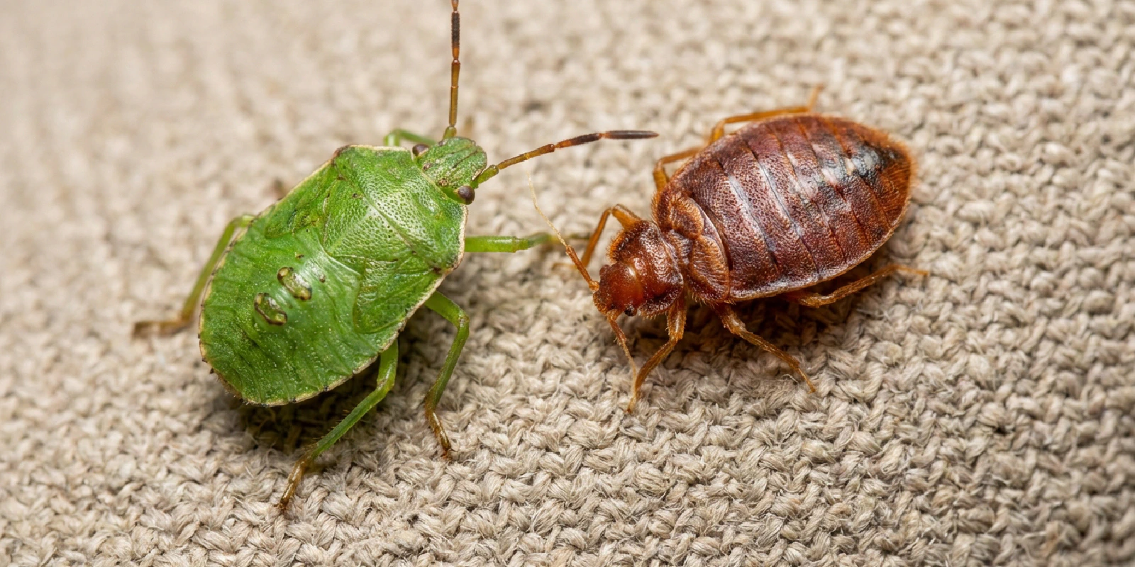 Green stink bug nymph next to illustration of reddish-brown bed bug to show color difference