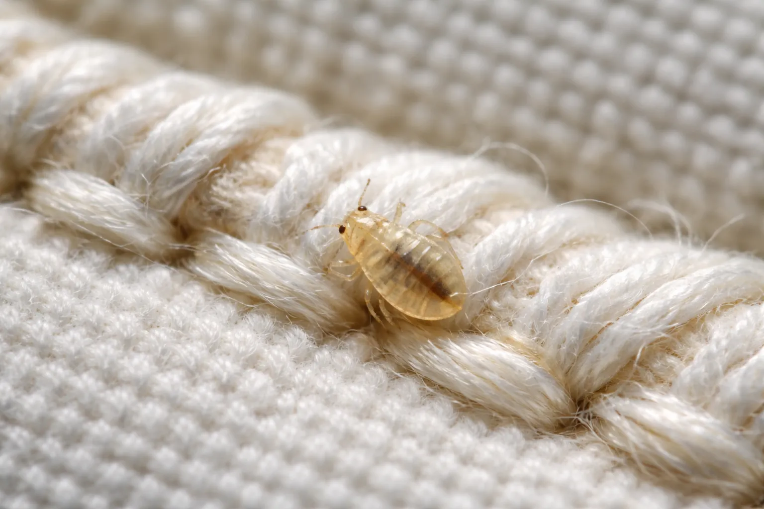 Tiny translucent baby bed bug nymph on a stitched mattress seam for scale