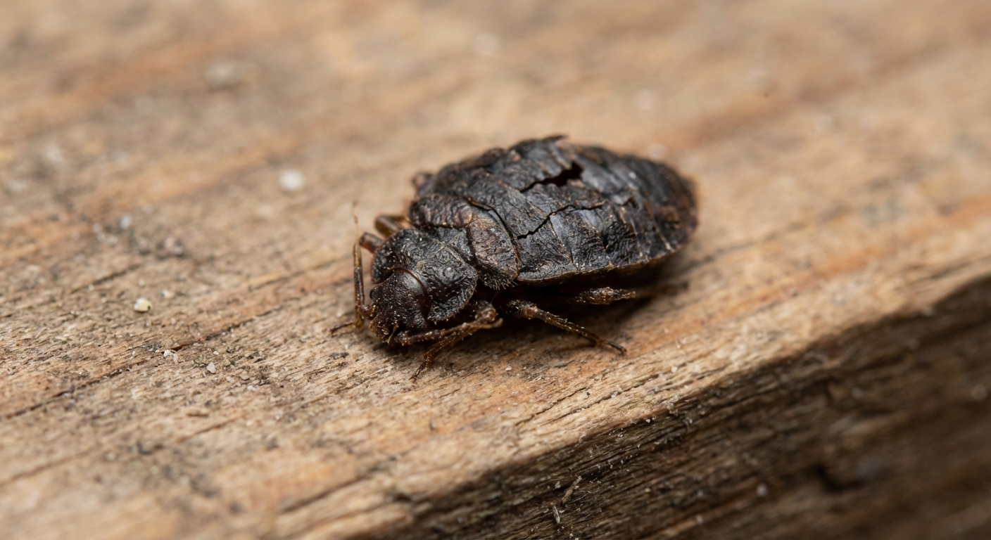 A dried-out, dead bed bug showing very dark, near-black coloration